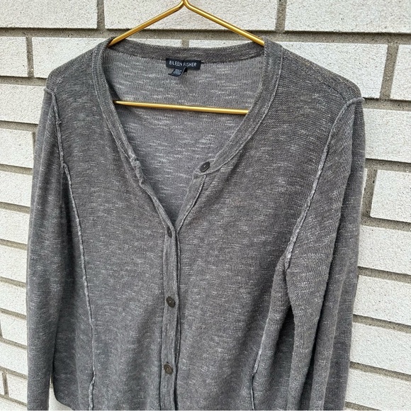 Eileen Fisher Gray Organic Cotton Linen Cardigan Sweater Button Up Exposed Seams - Picture 2 of 8